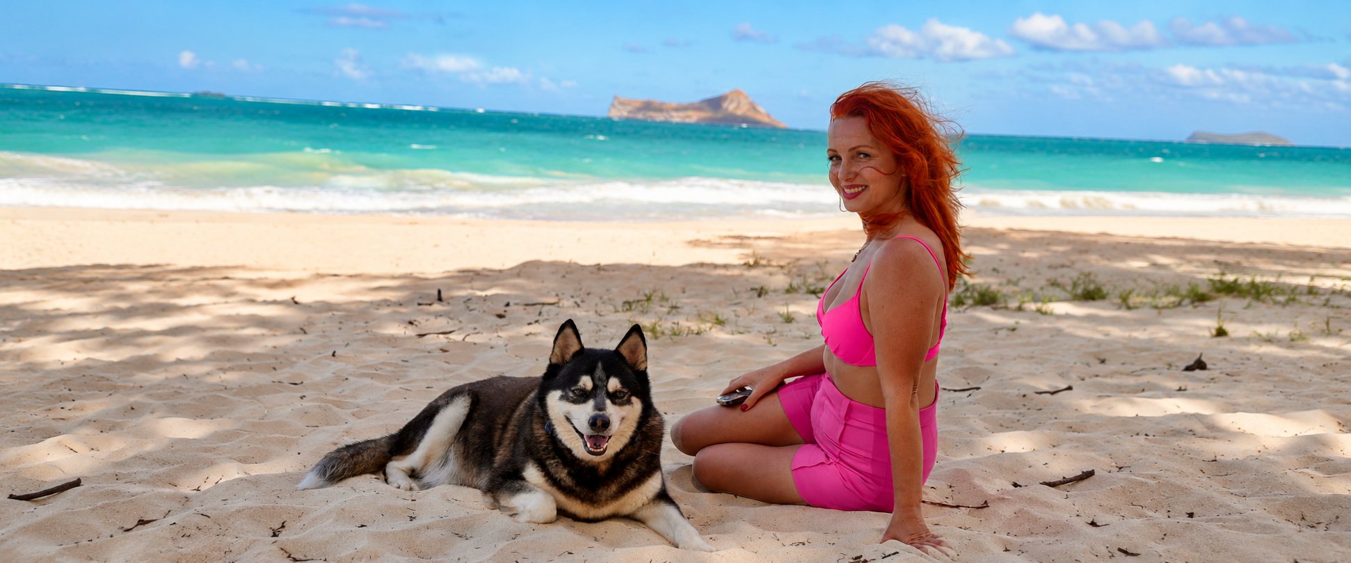 A woman with red hair sits on the sand beside a husky at the edge of a turquoise sea
