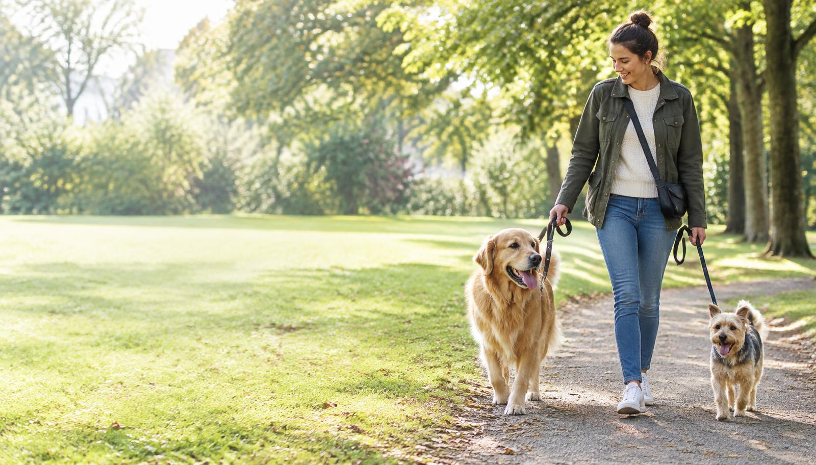 A dog walker and two happy dogs on a sunny park path